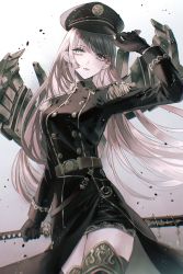 Rule 34 | 1girl, belt, black gloves, black hat, black jacket, brown belt, buttons, closed mouth, cowboy shot, double-breasted, gloves, gradient background, grey background, grey eyes, grey hair, hand up, hat, highres, holding, holding sword, holding weapon, jacket, katana, long hair, long sleeves, looking at viewer, military, military uniform, original, peaked cap, sakuyu, solo, sword, thighhighs, uniform, weapon