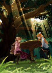 Rule 34 | 2girls, :d, ^ ^, ahoge, arm support, between legs, black footwear, black thighhighs, blue eyes, blush, boots, braid, brown footwear, brown hair, canaca chiyuri, casual, closed eyes, commentary request, cup, dappled sunlight, day, dress, flower, forest, from side, grass, hair flower, hair ornament, hand between legs, highres, holding, holding cup, hood, hood down, hoodie, juliet sleeves, kanbe kotori, knee boots, leaf, light rays, long hair, long skirt, long sleeves, looking at another, mary janes, multiple girls, nature, official alternate costume, ootori chihaya, open mouth, orange hair, outdoors, petticoat, pink flower, pink hoodie, plaid, plaid skirt, profile, puffy sleeves, purple skirt, rewrite, shoes, sidelocks, sitting, skirt, smile, straight hair, sunlight, swinging legs, table, talking, teacup, thighhighs, tree, twin braids, two side up, very long hair, wavy hair, white dress, wide shot, wing hair ornament, zettai ryouiki