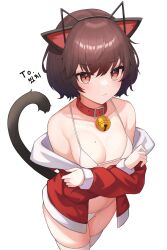 Rule 34 | 1girl, absurdres, animal ears, bare shoulders, bell, bikini, breasts, brown hair, cat ears, cat tail, collar, collarbone, commission, frown, hairband, highres, jacket, jingle bell, long sleeves, looking at viewer, mole, mole on breast, mole on thigh, mole under eye, navel, off shoulder, open clothes, open jacket, original, pipipipyu, pout, prunechi, red collar, red eyes, red jacket, second-party source, short hair, simple background, small breasts, solo, standing, string bikini, swimsuit, tail, tail raised, thighhighs, thighs, v-shaped eyebrows, white background, white bikini, white thighhighs