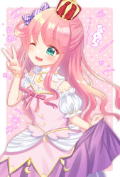 Rule 34 | 1girl, ;d, bare shoulders, blush, bracelet, candy hair ornament, candy wrapper, commentary request, crescent, crown, detached sleeves, food-themed hair ornament, green eyes, hair ornament, hand up, highres, himemori luna, himemori luna (1st costume), hololive, jewelry, long hair, looking at viewer, mini crown, one eye closed, open mouth, pink background, pink hair, pink shirt, polka dot, polka dot background, puffy short sleeves, puffy sleeves, purple skirt, shirt, short sleeves, skirt, skirt hold, smile, solo, star (symbol), suzu (minagi), translation request, two-tone background, v, very long hair, virtual youtuber, white background, white sleeves