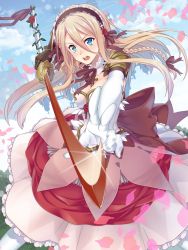 Rule 34 | 1girl, bad id, bad pixiv id, black ribbon, blonde hair, blue eyes, blue sky, braid, cloud, day, dress, elbow gloves, flower, frills, gloves, hair ribbon, hairband, highres, holding, holding sword, holding weapon, lolita hairband, long hair, looking at viewer, open mouth, original, pantyhose, pink dress, plant, red flower, red rose, ribbon, rose, single braid, sky, solo, sparkle, sword, urushibara rikka, vines, weapon, white gloves, white pantyhose