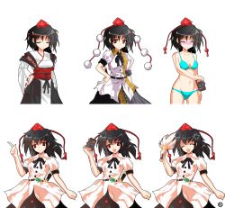 Rule 34 | 1girl, alphes (style), alternate costume, anger vein, angry, bikini, black hair, blouse, blush, camera, closed eyes, female focus, hand fan, hand on own hip, hat, highres, holding, index finger raised, japanese clothes, kaoru (gensou yuugen-an), kourindou tengu costume, looking at viewer, navel, parody, pom pom (clothes), red eyes, shameimaru aya, shirt, short hair, short sleeves, simple background, skirt, smile, style parody, swimsuit, text in eyes, tokin hat, touhou, white background