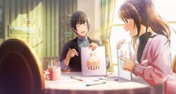 Rule 34 | 2boys, black hair, bracelet, brown hair, buttons, chair, closed eyes, curtains, drawing, fingernails, highres, holding, holding marker, idolmaster, idolmaster side-m, idolmaster side-m growing stars, jewelry, lower teeth only, male focus, marker, mizushima saki, mole, mole under mouth, multiple boys, official art, open mouth, paper, picture frame, shinonome soichiro, sitting, sunlight, teeth, trap, twintails, upper teeth only, window