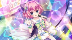 Rule 34 | 1girl, blue dress, blue eyes, blue wrist cuffs, bow, collarbone, concert, dot nose, dress, film grain, from above, game cg, green bow, group name, hair bow, hair intakes, hair ornament, hiiragi kae, holding, holding microphone, idol, idol clothes, izumi tsubasu, large bow, lens flare, microphone, non-web source, official art, open mouth, pink hair, pink scrunchie, print scrunchie, purple bow, re:stage!, sailor collar, scrunchie, short dress, short hair, sitting, skirt, smile, solo, sparkle, stage, stage lights, star (symbol), star print, waving, white dress, white skirt, wrist cuffs, wrist scrunchie