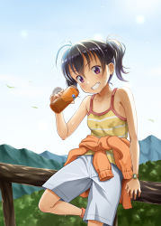 Rule 34 | 1girl, against railing, bare shoulders, black hair, bottle, camisole, clothes around waist, collarbone, grey shorts, grin, hair between eyes, hand up, highres, holding, jacket, jacket around waist, looking at viewer, malcorond, on railing, outdoors, railing, red eyes, shorts, smile, solo, standing, sweat, twintails, watch, wet, wet clothes, wristwatch, yama no susume