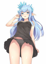 Rule 34 | 1girl, bare arms, bare shoulders, black dress, black panties, blue eyes, blue hair, blush, breasts, cameltoe, commentary request, crystal, dress, erin (granblue fantasy), from below, granblue fantasy, groin, hand up, highres, long hair, looking at viewer, looking down, open mouth, panties, pointy ears, rasahan, simple background, sleeveless, sleeveless dress, small breasts, solo, underwear, very long hair, white background