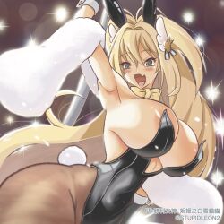 Rule 34 | 1girl, :d, animal ear headwear, animal ears, areola slip, bare shoulders, black gloves, black leotard, blonde hair, blush, bow, bowtie, breasts, brown pantyhose, cleavage, covered navel, detached collar, fake animal ears, fake tail, fang, feather boa, gloves, goddess of victory: nikke, green eyes, hair between eyes, hair intakes, hair ornament, highleg, highleg leotard, highres, holding, holding pole, large breasts, leotard, long hair, official alternate costume, open mouth, pantyhose, playboy bunny, pole, ponytail, rabbit ears, rabbit tail, rupee (nikke), rupee (rabbit deluxe) (nikke), skin fang, smile, solo, strapless, strapless leotard, stripper pole, stupidleon2, tail, twitter username, very long hair, wrist cuffs, yellow bow, yellow bowtie