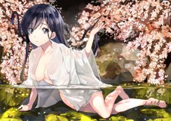 Rule 34 | 1girl, barefoot, black hair, blue eyes, breasts, cleavage, collarbone, commentary request, derori, highres, japanese clothes, kimono, leaning to the side, long hair, looking at viewer, medium breasts, naked kimono, no bra, no panties, open clothes, open kimono, original, parted lips, partially submerged, partially underwater shot, solo, very long hair, water, wet, wet kimono, white kimono