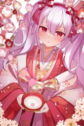 Rule 34 | 1girl, :o, animal ears, azur lane, blush, branch, cherry blossoms, flower, hair between eyes, hairband, japanese clothes, kimono, kyouya0514, laffey (azur lane), long hair, long sleeves, looking at viewer, petals, pink flower, red eyes, red hairband, solo, twintails, very long hair, white hair, wide sleeves
