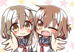 Rule 34 | 10s, 2girls, alternate hairstyle, anchor symbol, brown eyes, brown hair, commentary request, cosplay, eyebrows, fang, folded ponytail, hair ornament, hairclip, hairstyle switch, ikazuchi (kancolle), ikazuchi (kancolle) (cosplay), inazuma (kancolle), inazuma (kancolle) (cosplay), jako (jakoo21), kantai collection, long hair, look-alike, looking at viewer, multiple girls, neckerchief, one eye closed, open mouth, red neckerchief, school uniform, serafuku, short hair, star (symbol), starry background