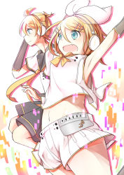 Rule 34 | 1boy, 1girl, :d, ahoge, armpits, arms up, bare shoulders, blonde hair, blue eyes, bow, brother and sister, commentary, detached sleeves, digital dissolve, fortissimo, from side, hair bow, hair ornament, headphones, highres, jumping, kagamine len, kagamine len (vocaloid4), kagamine rin, kagamine rin (vocaloid4), medium hair, midriff, navel, necktie, open mouth, outstretched arms, ponytail, sazanami (ripple1996), school uniform, serafuku, shorts, siblings, smile, vocaloid