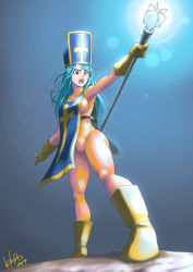 Rule 34 | 1girl, blue hair, bodysuit, boots, breasts, dragon quest, dragon quest iii, gloves, hat, highres, hori shin, long hair, medium breasts, mitre, open mouth, orange bodysuit, priest (dq3), red eyes, sideboob, skin tight, solo, square enix, standing, tabard