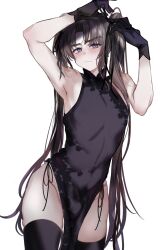 Rule 34 | 1boy, alternate costume, arm up, armpits, arms up, bare shoulders, black dress, black gloves, black hair, black thighhighs, blush, brown hair, bulge, china dress, chinese clothes, closed mouth, covered navel, cowboy shot, crossdressing, dress, gloves, highres, holding, long hair, looking at viewer, male focus, muffin top, panties, parted bangs, pelvic curtain, pompom625tn, purple eyes, side-tie panties, side slit, simple background, skindentation, sleeveless, sleeveless dress, solo, sweatdrop, thighhighs, thighs, trap, twintails, tying hair, underwear, very long hair, white background