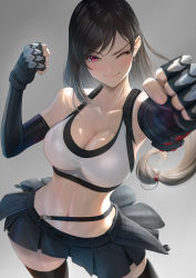 Rule 34 | 1girl, ;), bare shoulders, belt, black gloves, black hair, black skirt, black thighhighs, blush, brass knuckles, breasts, cleavage, clenched hands, closed mouth, contrapposto, crop top, elbow gloves, final fantasy, final fantasy vii, final fantasy vii remake, fingerless gloves, from above, gloves, gradient background, grey background, highres, imizu (nitro unknown), large breasts, long hair, looking at viewer, low-tied long hair, miniskirt, navel, one eye closed, outstretched arm, red eyes, skirt, sleeveless, smile, solo, stomach, swept bangs, thighhighs, tifa lockhart, v-shaped eyebrows, very long hair, weapon, zettai ryouiki