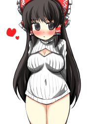 Rule 34 | 1girl, black eyes, black hair, blush, bottomless, bow, breasts, cleavage, cleavage cutout, clothing cutout, gaoo (frpjx283), hair bow, hair tubes, hakurei reimu, heart, highres, large breasts, long hair, meme attire, naked sweater, open-chest sweater, ribbed sweater, solo, sweater, touhou, white background