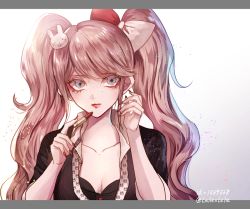 Rule 34 | 1girl, artist name, black bra, black shirt, blue eyes, bow, bra, breasts, cleavage, collarbone, commentary request, cosplay, danganronpa: trigger happy havoc, danganronpa (series), enoshima junko, enoshima junko (cosplay), freckles, hair bow, hair ornament, ikusaba mukuro, lipstick, long hair, looking at viewer, makeup, medium breasts, nail polish, necktie, rabbit hair ornament, red bow, red lips, red nails, shirt, simple background, sleeves rolled up, solo, twintails, underwear, white background, white bow, z-epto (chat-noir86)