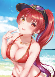 Rule 34 | 1girl, absurdres, baseball cap, beach, bikini, black hat, blue sky, breasts, cleavage, cloud, earrings, eyewear on head, gold earrings, gold necklace, gradient hair, hat, heart, heart-shaped eyewear, heart earrings, heart necklace, heterochromia, highres, hololive, houshou marine, houshou marine (summer), jewelry, large breasts, long hair, looking at viewer, mary is mine, multicolored hair, navel, necklace, official alternate costume, open mouth, ponytail, purple hair, red bikini, red eyes, sky, smile, solo, sunglasses, swimsuit, virtual youtuber, yellow eyes