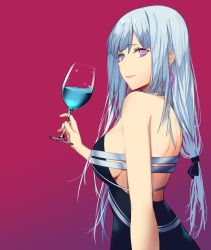 Rule 34 | 1girl, ak-12 (girls&#039; frontline), ak-12 (quiet azure) (girls&#039; frontline), alcohol, back, bare shoulders, black dress, blue hair, breasts, cup, defy (girls&#039; frontline), dress, drinking glass, girls&#039; frontline, highres, lips, long hair, looking at viewer, medium breasts, nightgown, official alternate costume, profile, purple background, purple eyes, silver hair, solo, talnory, wine, wine glass