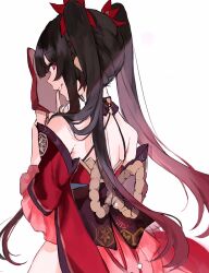 Rule 34 | 1girl, backless kimono, bare back, brown hair, commentary, facing away, finger to mouth, gradient hair, grin, highres, holding, holding mask, honkai: star rail, honkai (series), japanese clothes, kimono, long hair, long sleeves, looking at viewer, looking back, mask, multicolored hair, red eyes, red hair, red kimono, shinoo0915, smile, solo, sparkle (honkai: star rail), thighs, twintails, wide sleeves