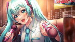 Rule 34 | 1girl, :d, arm tattoo, black sleeves, blue eyes, blue hair, blue nails, blue necktie, breast pocket, collared shirt, detached sleeves, hair between eyes, hatsune miku, headphones, headset, highres, holding, holding microphone, indoors, karaoke box, long hair, long sleeves, microphone, nail polish, necktie, nei (aduma1120ponpon), number tattoo, open mouth, pocket, shirt, sleeveless, sleeveless shirt, smile, solo, sparkle, tattoo, twintails, upper body, vocaloid, white shirt, wing collar