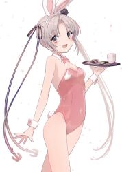 Rule 34 | 1girl, ahoge, akitsushima (kancolle), animal ears, bare shoulders, bow, bowtie, breasts, cowboy shot, cup, detached collar, food, grey hair, kantai collection, leotard, long hair, playboy bunny, purple eyes, rabbit ears, rabbit tail, red bow, red bowtie, red leotard, side ponytail, simple background, small breasts, smile, solo, standing, strapless, strapless leotard, tail, tray, white background, wrist cuffs, yamashichi (mtseven), yunomi