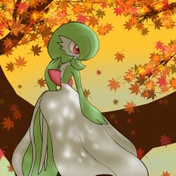 Rule 34 | 1girl, arm at side, autumn, autumn leaves, bob cut, closed mouth, colored skin, creatures (company), dappled sunlight, female focus, flat chest, full body, game freak, gardevoir, gen 3 pokemon, green skin, hair over one eye, hand up, happy, highres, in tree, legs together, looking to the side, monya, multicolored skin, nintendo, one eye covered, outdoors, pokemon, pokemon (creature), red eyes, red hair, short hair, sitting, smile, solo, sunlight, tree, two-tone skin, white skin