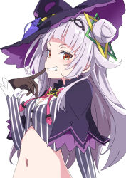 Rule 34 | 1girl, black gloves, blunt bangs, brooch, cropped shirt, gloves, grey hair, hair bun, hat, hololive, ixy, jewelry, long hair, long sleeves, looking at viewer, midriff, murasaki shion, murasaki shion (1st costume), pinstripe pattern, pinstripe shirt, shirt, short eyebrows, single side bun, smile, solo, star brooch, striped clothes, striped shirt, tilted headwear, vertical-striped clothes, vertical-striped shirt, virtual youtuber, white background, witch hat, yellow eyes