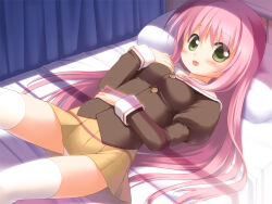 Rule 34 | 1girl, :d, bed, blush, breasts, brown shirt, brown skirt, buttons, commentary request, emurin, feet out of frame, green eyes, hair between eyes, juliet sleeves, long hair, long sleeves, looking at viewer, lying, medium breasts, miniskirt, on back, on bed, open mouth, original, panties, pink hair, pleated skirt, puffy sleeves, sailor collar, shirt, skirt, smile, solo, thighhighs, underwear, very long hair, white panties, white sailor collar, white thighhighs