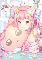 Rule 34 | 1girl, ahoge, animal ears, bare shoulders, blue ribbon, blush, bow, braid, breasts, cat ears, closed mouth, commentary request, detached sleeves, enomiya milk, flower, gloves, hair ornament, hair ribbon, hairclip, large breasts, long hair, looking at viewer, noripro, hugging object, okanoyuno, picture frame, pillow, pillow hug, pink bow, pink flower, pink hair, pink rose, purple eyes, red flower, red rose, ribbon, rose, short sleeves, sidelocks, smile, solo, star (symbol), star hair ornament, twintails, upper body, virtual youtuber, white flower, white gloves, white rose
