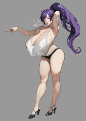 agu_(agoppdki) arm_up arms_behind_head bare_arms bare_legs bare_shoulders black_footwear black_panties breasts brown_eyes cigarette cleavage colored_skin colorized commentary_request grey_background high_heels highres huge_breasts jewelry long_hair looking_at_viewer mature_female maya_motoko_(agu) necklace open_mouth original panties pearl_necklace ponytail purple_hair red_nails shaved_armpits smile smoke smoke_trail standing sweater tagme tank_top thick_lips thick_thighs thighs tight_skirt turtleneck two-tone_panties underwear white_skin white_tank_top