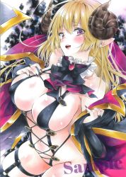 Rule 34 | 1girl, arim0k0, blonde hair, breasts, cleavage, cowboy shot, cross-laced clothes, curled horns, demon girl, highres, horns, huge breasts, long hair, looking at viewer, navel, open mouth, original, pointy ears, purple eyes, revealing clothes, sample watermark, solo, teeth, traditional media, upper teeth only, watermark
