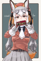 Rule 34 | absurdres, animal ears, blazer, gloves, hat, highres, island fox (kemono friends), jacket, kemono friends, kemono friends v project, long hair, looking at viewer, necktie, open mouth, school uniform, shirt, shoes, silver hair, simple background, skirt, smile, solo, tail, toriny, twintails, virtual youtuber