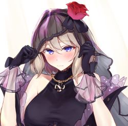 Rule 34 | 1girl, azur lane, bare shoulders, black dress, black gloves, black hairband, black wedding dress, blue eyes, blush, bow, breasts, bridal veil, closed mouth, commentary request, cross, dress, flower, frilled dress, frills, gloves, hair between eyes, hair ribbon, hairband, hands up, holding, iron cross, jewelry, light brown hair, looking at viewer, marshall k, medium breasts, necklace, official alternate costume, ribbon, rose, short hair, sidelocks, simple background, sleeveless, solo, taut clothes, taut dress, turtleneck, turtleneck dress, upper body, veil, wedding dress, white background, z23 (azur lane), z23 (schwarze hochzeit) (azur lane)