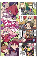 Rule 34 | 10s, 4boys, 4girls, 4koma, ahoge, artist name, balloon, basket, blonde hair, blue hair, bob cut, bright pupils, bucket, bucket on head, cape, clipboard, comic, copyright name, darling in the franxx, dressing another, formal, futoshi (darling in the franxx), hair over one eye, hairband, hand on own hip, highres, hiro (darling in the franxx), holding hands, ichigo (darling in the franxx), kokoro (darling in the franxx), long hair, mato (mozu hayanie), miku (darling in the franxx), mitsuru (darling in the franxx), multiple boys, multiple girls, object on head, pant suit, pants, red hair, short hair, sparkle, suit, twintails, uniform, zero two (darling in the franxx), zorome (darling in the franxx)
