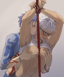 Rule 34 | 2boys, abs, archer (fate), archer (summer casual) (fate), armpits, arms up, bara, bdsm, blue bodysuit, blue hair, blush, bodysuit, bound, bound wrists, bracelet, clothes lift, commentary, cu chulainn (fate), cu chulainn (fate/stay night), cu chulainn (second ascension) (fate), fate/stay night, fate (series), gae bolg (fate), glasses, grabbing, grabbing from behind, grey background, grey hair, highres, jewelry, male focus, mondi hl, multiple boys, navel, nipples, official alternate costume, open mouth, pectoral grab, restrained, rope, shirt lift, short hair, spiked hair, tank top, upper body, yaoi