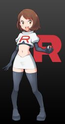 Rule 34 | 1girl, absurdres, black footwear, black gloves, black shirt, boots, brown eyes, brown hair, commission, cosplay, creatures (company), cropped jacket, elbow gloves, full body, game freak, gloria (pokemon), gloves, gradient background, grey background, highres, holding, holding poke ball, jacket, jessie (pokemon), jessie (pokemon) (cosplay), logo, looking at viewer, mr.thunderigor, navel, nintendo, open mouth, poke ball, poke ball (basic), pokemon, pokemon swsh, shirt, short hair, short sleeves, skirt, solo, standing, team rocket, team rocket uniform, teeth, thigh boots, upper teeth only, white jacket, white skirt