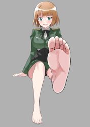 Rule 34 | 1girl, absurdres, barefoot, blue eyes, brown hair, feet, gundula rall, highres, light blush, looking at viewer, medium hair, military, military uniform, open mouth, panties, pantyshot, soles, strike witches, toes, underwear, uniform, world witches series