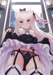 Rule 34 | 1girl, absurdres, animal ears, azur lane, black panties, blue eyes, blush, bow, bow panties, cat ears, closed mouth, clothes lift, commentary request, dutch angle, embarrassed, fang, from below, garter belt, garter straps, hair bow, hair ribbon, hammann (azur lane), highres, indoors, lace, lace panties, lantern, lifting own clothes, long hair, looking at viewer, nail polish, one side up, panties, pink nails, red ribbon, ribbon, shirokuro (monochrome0226), sidelocks, silver hair, skin fang, skirt, skirt lift, solo, standing, string panties, thighhighs, underwear, v-shaped eyebrows, wavy mouth, white thighhighs, window
