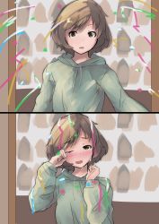 Rule 34 | 1girl, 2koma, absurdres, akiyama yukari, blush, brown eyes, brown hair, comic, commentary, confetti, crying, crying with eyes open, drawstring, girls und panzer, grey shirt, happy tears, head tilt, highres, hood, hoodie, kakimoto nao, light frown, long sleeves, looking at viewer, messy hair, one-hour drawing challenge, one eye closed, open mouth, shirt, short hair, smile, solo, standing, tears, wiping tears