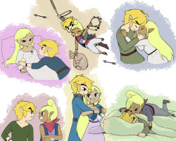 Rule 34 | 1boy, 1girl, arrow (projectile), bag, bandana, bed sheet, belt, black eyes, blanket, blonde hair, blue eyes, blush, breasts, clenched teeth, crying, dark skin, dress, closed eyes, forehead-to-forehead, green shirt, grin, heads together, hug, hug from behind, jacket, jewelry, link, long hair, multiple views, necklace, nightgown, nintendo, no pupils, open mouth, pants, pillow, pointy ears, purple dress, rope, shirt, short hair, sidelocks, skull and crossbones, sleeping, sleepy, small breasts, smile, sweatdrop, swinging, teeth, tetra, the legend of zelda, the legend of zelda: the wind waker, usushira, waking another, white dress