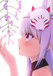 Rule 34 | 1girl, animal ear fluff, animal ears, bare shoulders, blush, extra ears, fox ears, fox girl, fox mask, from side, highres, indie virtual youtuber, kamishiro natsume, kitsune, long hair, makoto (bk69and7), mask, mask on head, open mouth, portrait, profile, purple hair, purple nails, red eyes, simple background, solo, virtual youtuber, white background
