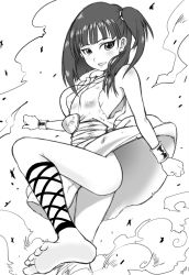 Rule 34 | 1girl, ankle cuffs, ankle lace-up, barefoot, blush, bottomless, breasts, cross-laced footwear, cuffs, debris, dirty, dress, dust, feet, greyscale, magi the labyrinth of magic, monochrome, morgiana, no panties, sideboob, small breasts, smile, smoke, soles, solo, toes, torn clothes, white dress