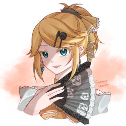 Rule 34 | 1girl, aku no musume (vocaloid), bare shoulders, blonde hair, blue eyes, bow, choker, colored eyelashes, dress, dress bow, earrings, evil smile, evillious nendaiki, hair ornament, hairclip, hand fan, high ponytail, holding, holding fan, jewelry, kagamine rin, keykohaku, orange bow, parted lips, portrait, project sekai, riliane lucifen d&#039;autriche, shaded face, smile, solo, swept bangs, updo, upper body, vocaloid, yellow choker, yellow dress