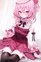Rule 34 | 1girl, bare shoulders, black bow, black bowtie, black thighhighs, blush, bow, bowtie, clothing cutout, deyui, dress, flower, frilled shirt, frills, gradient dress, gradient sleeves, hair flower, hair ornament, highres, long sleeves, looking at viewer, medium hair, multicolored clothes, nijisanji, nijisanji en, pink hair, plant, red dress, red eyes, red flower, red rose, rose, rosemi lovelock, rosemi lovelock (1st costume), shirt, short sidetail, shoulder cutout, sitting, solo, thighhighs, thorns, vines, virtual youtuber, white flower, white rose, white shirt