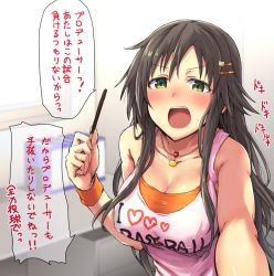 Rule 34 | 1girl, alternate costume, bare shoulders, binder, blush, bra, breasts, brown hair, cleavage, clothes writing, collarbone, desk, drawer, embarrassed, food, furrowed brow, green eyes, hair ornament, hairclip, highres, himekawa yuki, holding, holding food, idolmaster, idolmaster cinderella girls, indoors, jewelry, large breasts, leaning forward, long hair, looking at viewer, necklace, office, open mouth, orange bra, outstretched arm, pocky, pocky day, pov, shirt, solo, sports bra, starheart, sweat, tank top, teeth, translation request, underwear, upper body, wall, white shirt, window, wristband