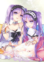 Rule 34 | 2girls, ass, bare shoulders, bracelet, breasts, censored, choker, cleavage, dress, euryale (fate), fate/grand order, fate/hollow ataraxia, fate (series), headband, heart, heart censor, presenting, jewelry, legs, long hair, looking at viewer, multiple girls, necklace, no panties, open mouth, pillow, purple eyes, purple hair, sandals, siblings, sisters, smile, stheno (fate), twins, very long hair