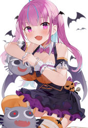 Rule 34 | 1girl, :d, absurdres, arm garter, bandaged leg, bandages, bare shoulders, bat (animal), bat wings, black skirt, blue hair, blush, bow, bowtie, braid, colored inner hair, commentary request, detached collar, fangs, frilled skirt, frills, garter straps, halloween, high-waist skirt, highres, hololive, long hair, looking at viewer, minato aqua, multicolored hair, neko (minato aqua), open mouth, orange shirt, orange thighhighs, pink bow, pink bowtie, purple eyes, purple hair, shirt, simple background, skin fangs, skirt, smile, solo, thighhighs, toki (1243309499), two side up, virtual youtuber, white background, wings, wrist cuffs