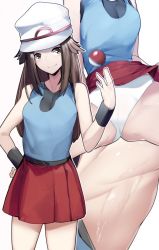 Rule 34 | 1girl, armpits, blue shirt, breasts, brown eyes, brown hair, cameltoe, closed mouth, clothes lift, cowboy shot, creatures (company), game freak, green (pokemon), hand on own hip, hat, highres, leaf (pokemon), legs, lifting own clothes, long hair, looking at viewer, medium breasts, miniskirt, motion blur, multiple views, nintendo, panties, pleated skirt, poke ball, pokemon, pokemon frlg, red skirt, shirt, skirt, skirt lift, sleeveless, sleeveless shirt, smile, solo, standing, sweat, underwear, upskirt, very long hair, white background, white hat, white panties, wristband, yuuyuu (yuuki1771)