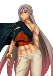 Rule 34 | 1girl, abs, absurdres, bare shoulders, blue eyes, breasts, chain, cleavage, collarbone, cuffs, dark-skinned female, dark skin, fate/grand order, fate (series), gold chain, gradient hair, grey hair, highres, jewelry, large breasts, long hair, looking at viewer, multicolored hair, navel, neck ring, pants, pink hair, solo, strapless, thighs, tube top, very long hair, white pants, zenobia (dream portrait) (fate), zenobia (fate), zinfian