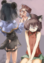 Rule 34 | 3girls, animal ears, breasts, brown eyes, brown hair, capelet, cat ears, chen, clothing cutout, fang, fundoshi, grey background, grey capelet, grey hair, holding, holding magazine, imaizumi kagerou, japanese clothes, large breasts, long hair, looking away, magazine (object), mouse ears, mouse tail, multiple girls, nazrin, nude, pink background, short hair, skin fang, standing, tail, tail through clothes, touhou, wolf ears, yohane